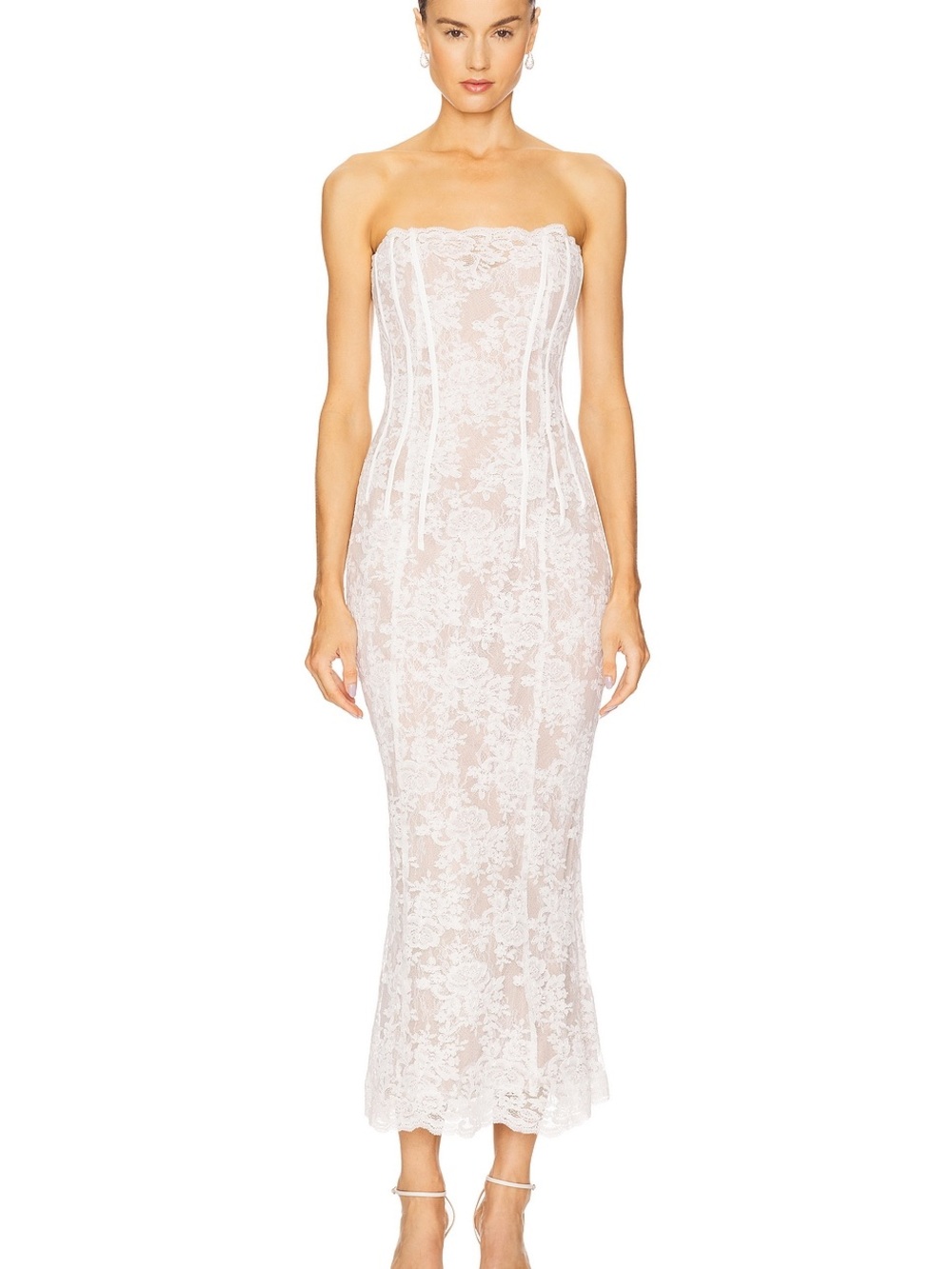 V. Chapman Strapless White Floral Lace Midi Dress - Bridal